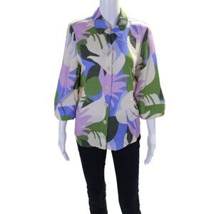 Coconinno Womens Azure Palm Printed Long Sleeve Button Down Amelia Top Size M